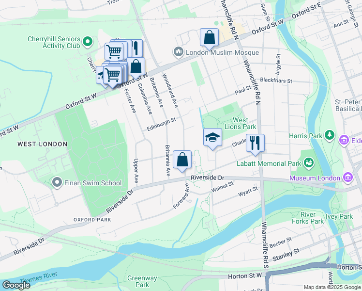 map of restaurants, bars, coffee shops, grocery stores, and more near 48 Woodward Avenue in London