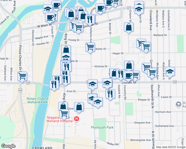 map of restaurants, bars, coffee shops, grocery stores, and more near 342 Hellems Avenue in Welland