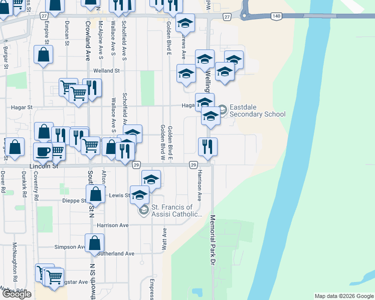 map of restaurants, bars, coffee shops, grocery stores, and more near 69 Strathmore Crescent in Welland