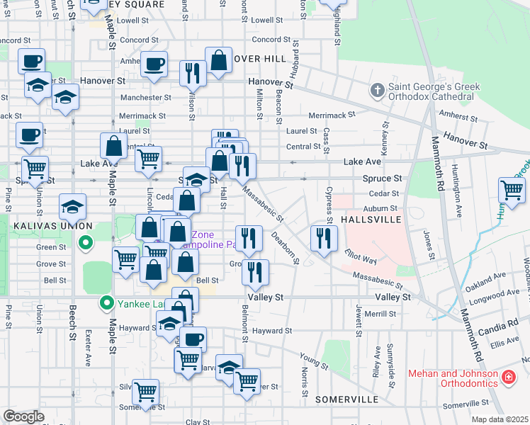 map of restaurants, bars, coffee shops, grocery stores, and more near 160 Massabesic Street in Manchester
