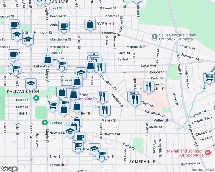 map of restaurants, bars, coffee shops, grocery stores, and more near 160 Massabesic Street in Manchester