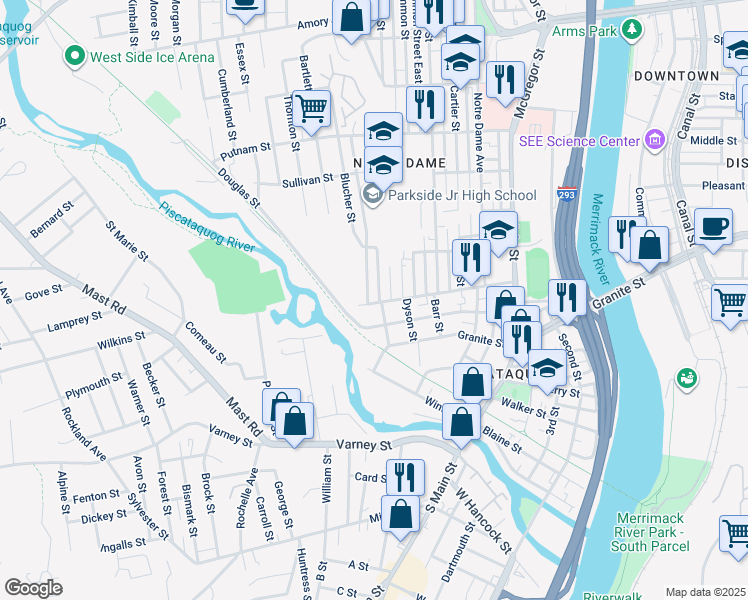 map of restaurants, bars, coffee shops, grocery stores, and more near 24 Hevey Street in Manchester