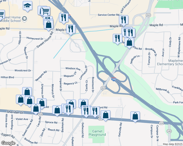 map of restaurants, bars, coffee shops, grocery stores, and more near 183 Coronation Drive in Buffalo