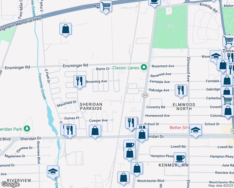 map of restaurants, bars, coffee shops, grocery stores, and more near 63 Balzac Court in Tonawanda