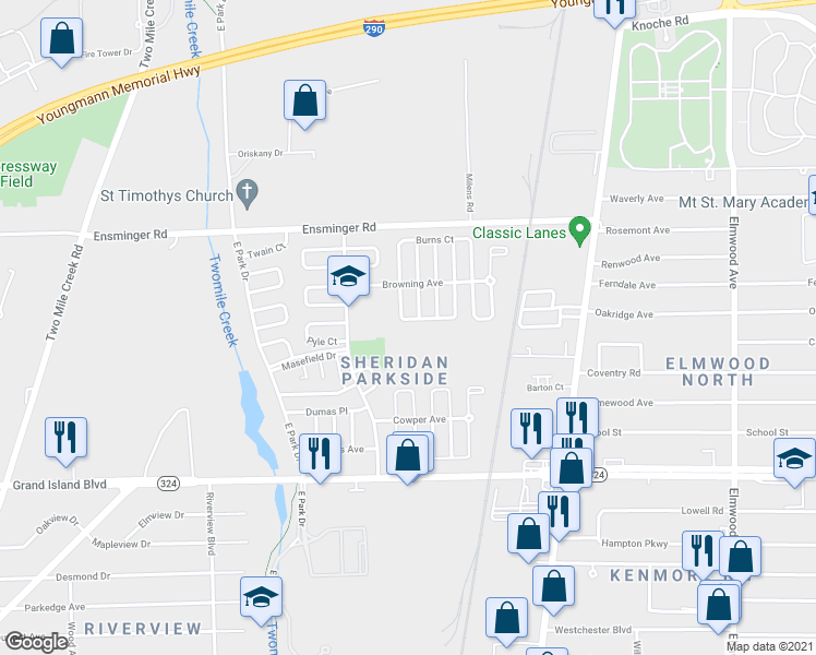 map of restaurants, bars, coffee shops, grocery stores, and more near 7 Benefield Place in Tonawanda