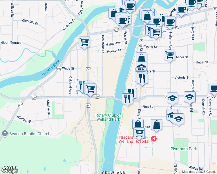 map of restaurants, bars, coffee shops, grocery stores, and more near 220 Denistoun Street in Welland