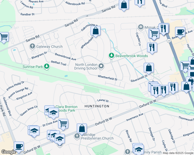 map of restaurants, bars, coffee shops, grocery stores, and more near 1056 Whetherfield Street in London