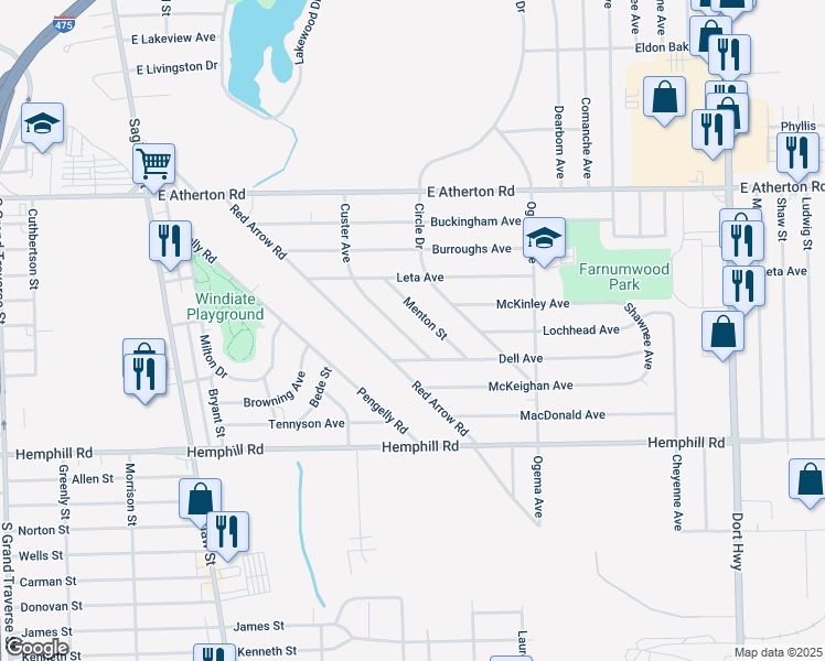 map of restaurants, bars, coffee shops, grocery stores, and more near 4202 Menton Street in Flint