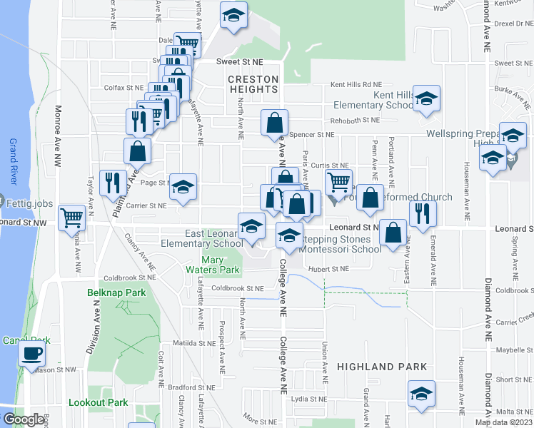 map of restaurants, bars, coffee shops, grocery stores, and more near 453 Carrier Street Northeast in Grand Rapids