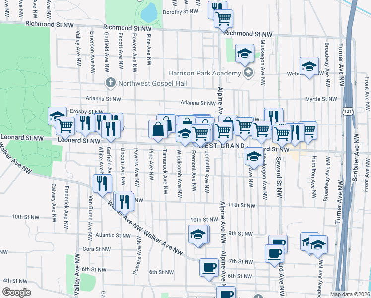 map of restaurants, bars, coffee shops, grocery stores, and more near 842 Leonard Street Northwest in Grand Rapids
