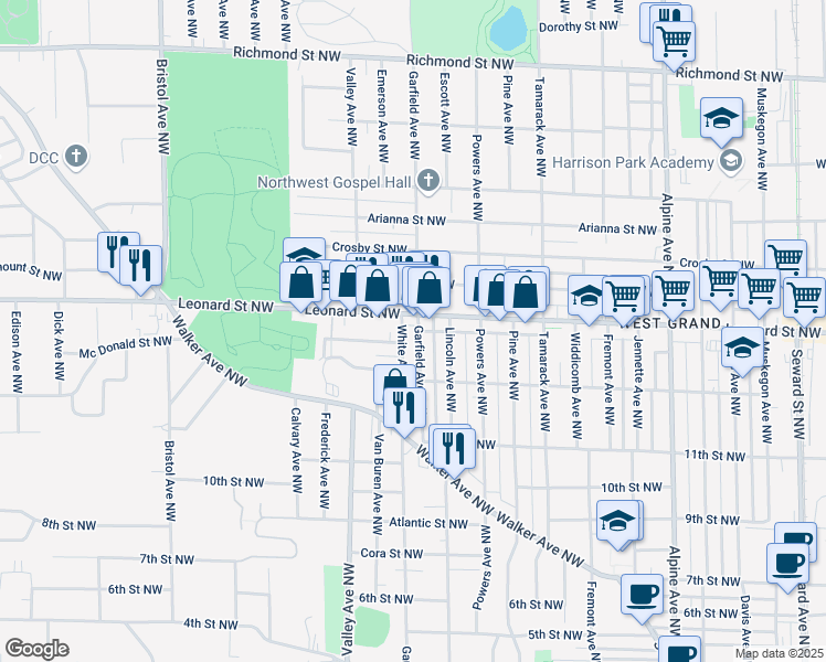 map of restaurants, bars, coffee shops, grocery stores, and more near 1202 Leonard Street Northwest in Grand Rapids