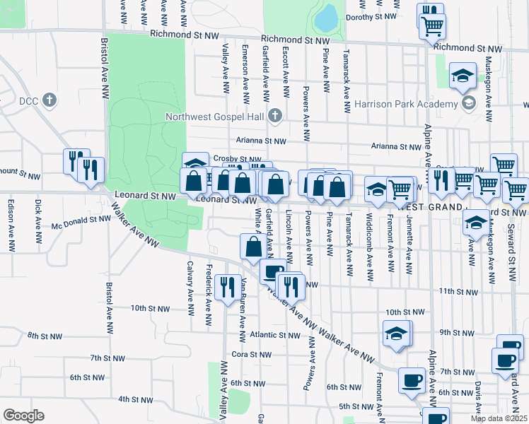 map of restaurants, bars, coffee shops, grocery stores, and more near 1202 Leonard Street Northwest in Grand Rapids