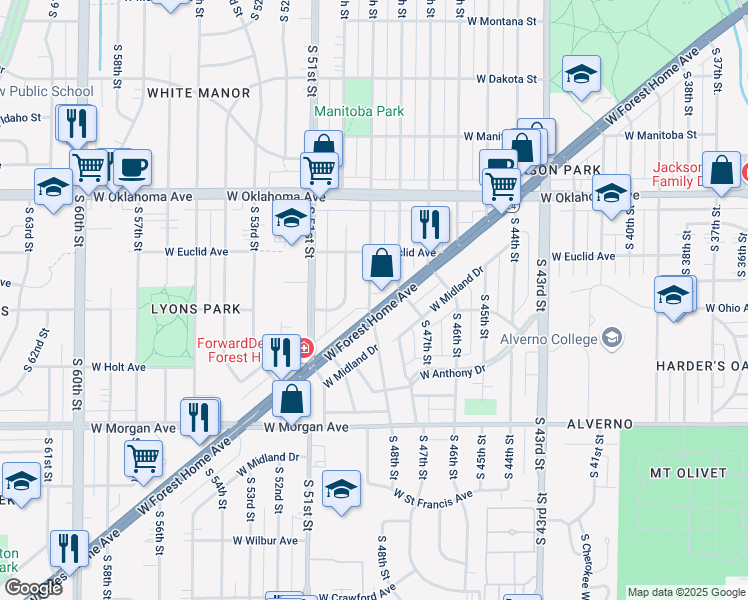map of restaurants, bars, coffee shops, grocery stores, and more near 3250 South 49th Street in Milwaukee