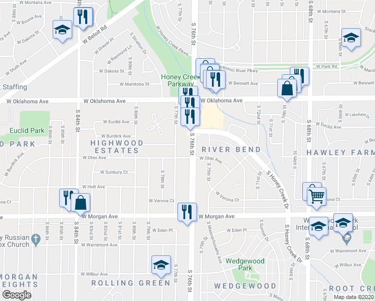 map of restaurants, bars, coffee shops, grocery stores, and more near 3221 South 76th Street in Milwaukee