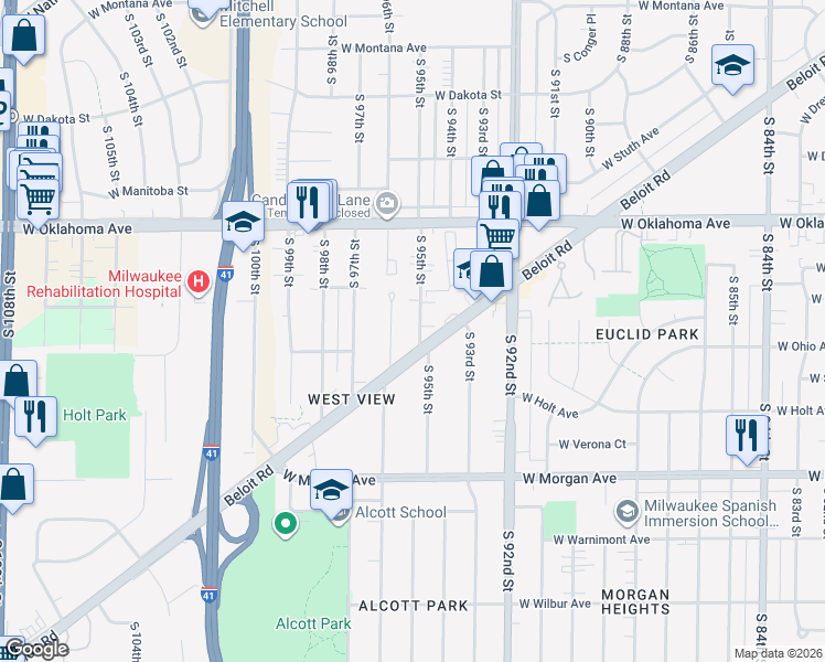 map of restaurants, bars, coffee shops, grocery stores, and more near 9548 Beloit Road in Milwaukee
