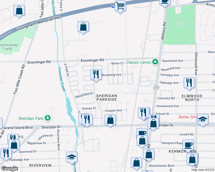 map of restaurants, bars, coffee shops, grocery stores, and more near 25-31 Blackmore Street in Tonawanda