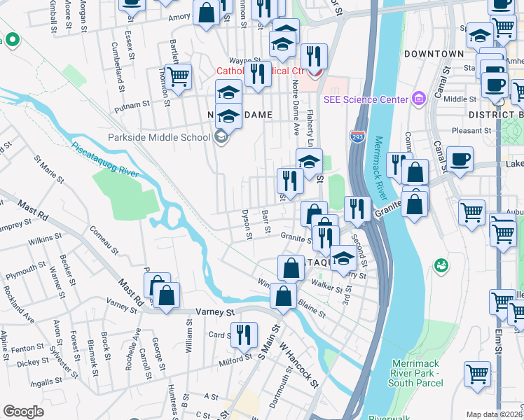 map of restaurants, bars, coffee shops, grocery stores, and more near 17 Rimmon Street in Manchester