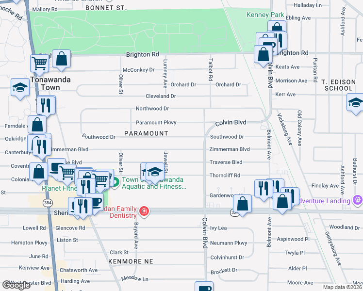 map of restaurants, bars, coffee shops, grocery stores, and more near 251 Southwood Drive in Buffalo