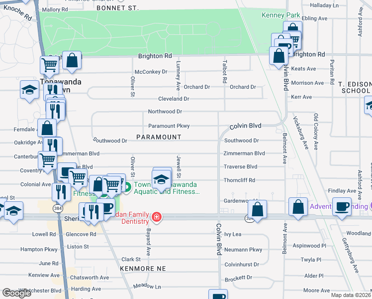 map of restaurants, bars, coffee shops, grocery stores, and more near 251 Southwood Drive in Buffalo