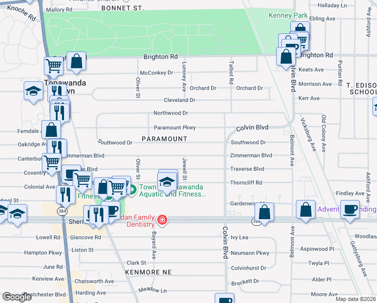 map of restaurants, bars, coffee shops, grocery stores, and more near 251 Southwood Drive in Buffalo