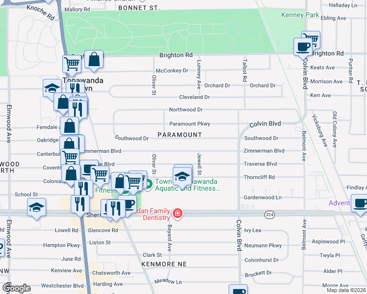 map of restaurants, bars, coffee shops, grocery stores, and more near in Tonawanda