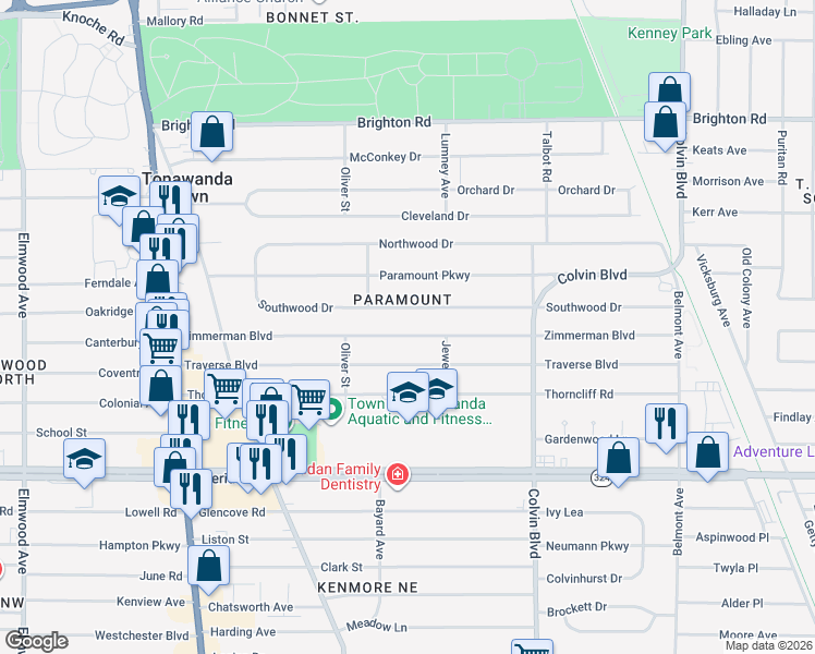 map of restaurants, bars, coffee shops, grocery stores, and more near in Tonawanda