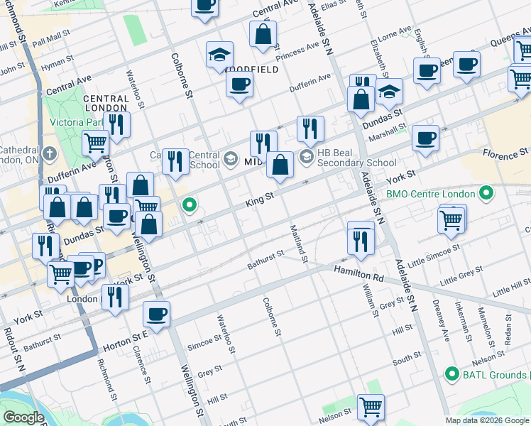 map of restaurants, bars, coffee shops, grocery stores, and more near 433 King Street in London