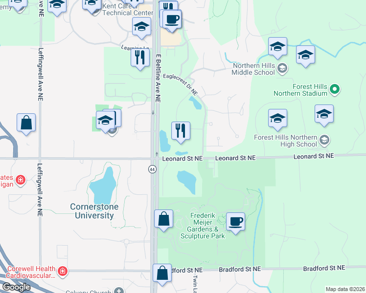map of restaurants, bars, coffee shops, grocery stores, and more near 3312 Eagle Park Drive Northeast in Grand Rapids
