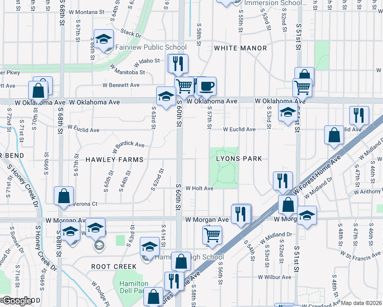 map of restaurants, bars, coffee shops, grocery stores, and more near 3253 South 58th Street in Milwaukee