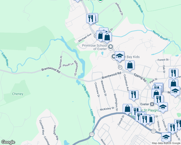 map of restaurants, bars, coffee shops, grocery stores, and more near 8 Little River Road in Exeter