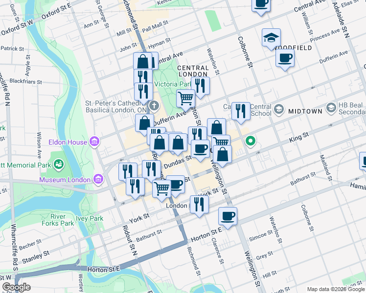 map of restaurants, bars, coffee shops, grocery stores, and more near 434 Dufferin Avenue in London