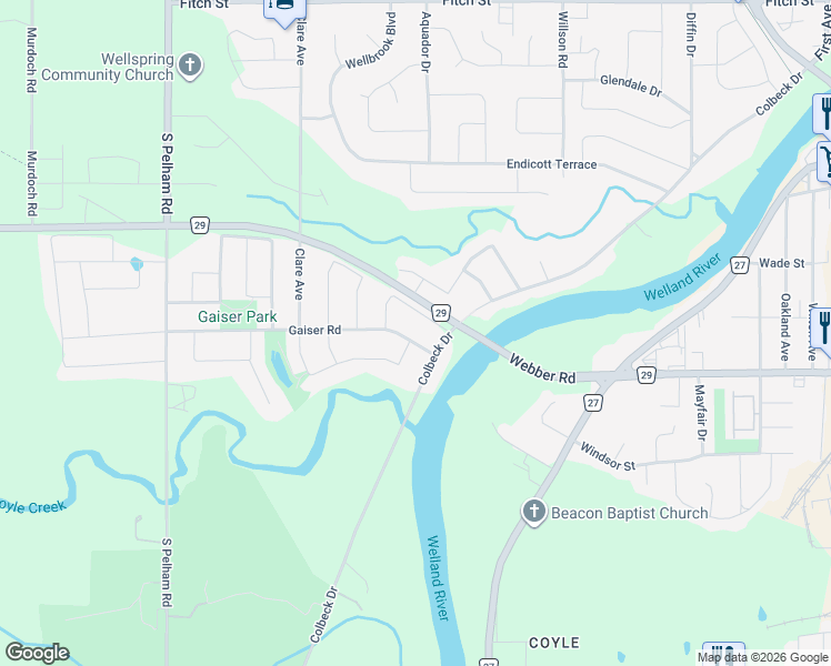 map of restaurants, bars, coffee shops, grocery stores, and more near 94 Gaiser Road in Welland