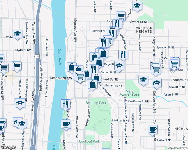 map of restaurants, bars, coffee shops, grocery stores, and more near 1228 Taylor Avenue North in Grand Rapids