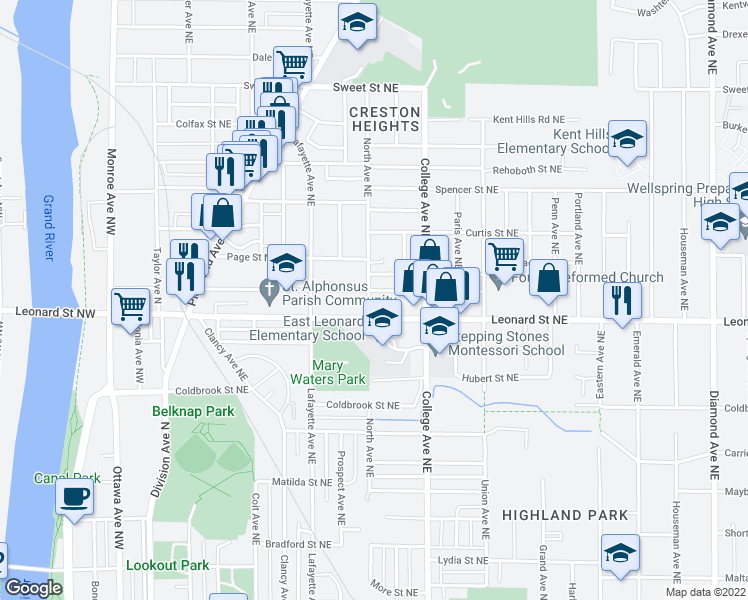 map of restaurants, bars, coffee shops, grocery stores, and more near 409 Carrier Street Northeast in Grand Rapids