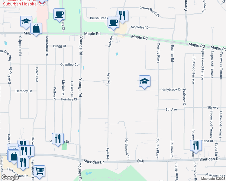 map of restaurants, bars, coffee shops, grocery stores, and more near 275 Ayer Road in Buffalo