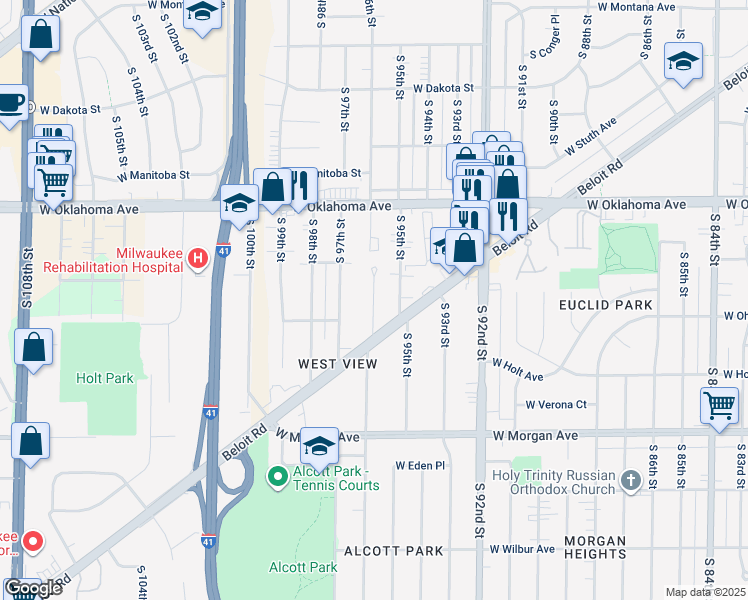 map of restaurants, bars, coffee shops, grocery stores, and more near 9548 Beloit Road in Milwaukee