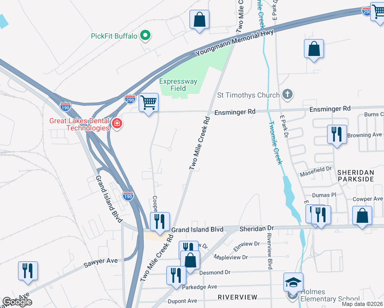 map of restaurants, bars, coffee shops, grocery stores, and more near 387 Two Mile Creek Road in Tonawanda