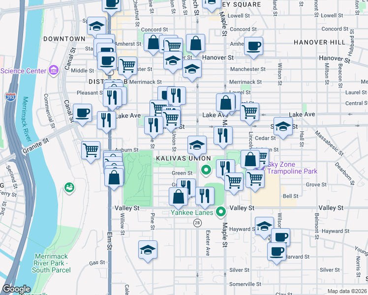 map of restaurants, bars, coffee shops, grocery stores, and more near 215 Cedar Street in Manchester