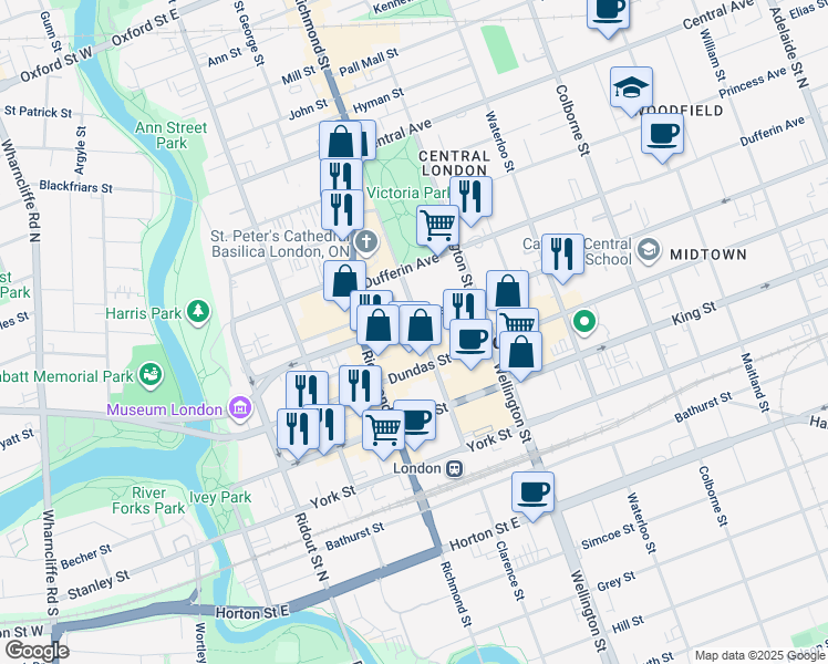 map of restaurants, bars, coffee shops, grocery stores, and more near 201 Queens Avenue in London