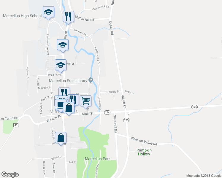 map of restaurants, bars, coffee shops, grocery stores, and more near 2525 East Maple Street in Marcellus