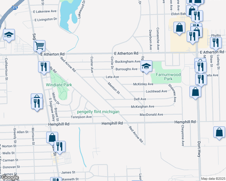 map of restaurants, bars, coffee shops, grocery stores, and more near 4214 Menton Street in Flint