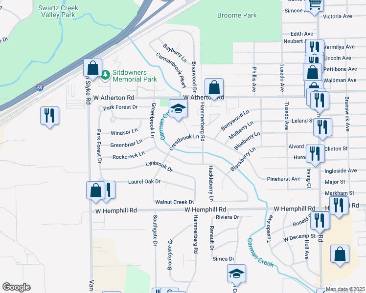 map of restaurants, bars, coffee shops, grocery stores, and more near 2105 Stoney Brook Court in Flint