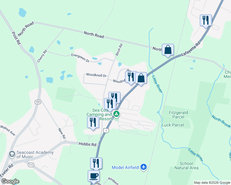 map of restaurants, bars, coffee shops, grocery stores, and more near 12 Woodridge Lane in North Hampton