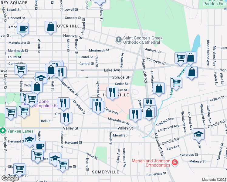 map of restaurants, bars, coffee shops, grocery stores, and more near 953 Cedar Street in Manchester