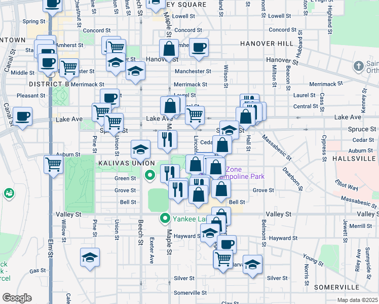 map of restaurants, bars, coffee shops, grocery stores, and more near 427 Cedar Street in Manchester