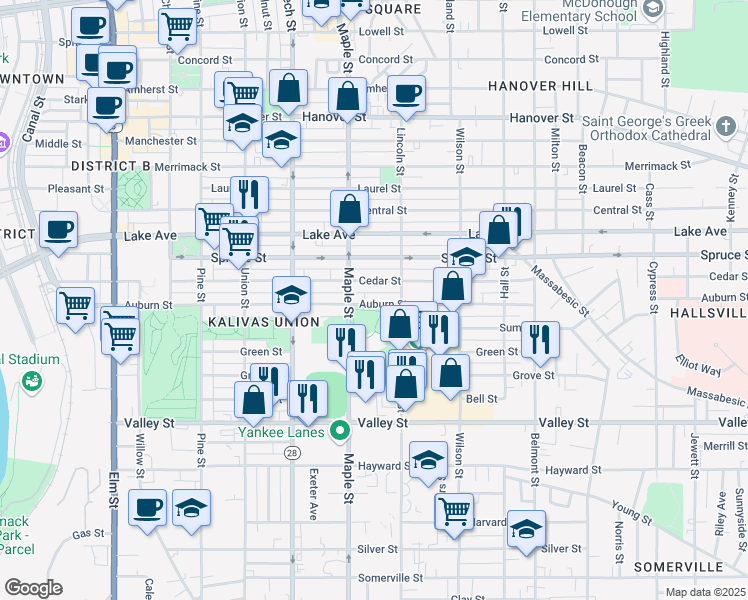 map of restaurants, bars, coffee shops, grocery stores, and more near 393 Cedar Street in Manchester