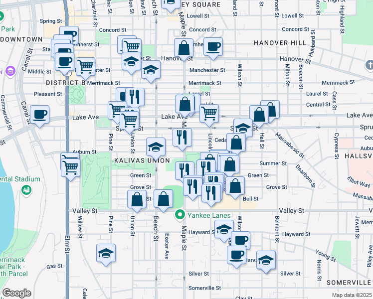 map of restaurants, bars, coffee shops, grocery stores, and more near 393 Cedar Street in Manchester