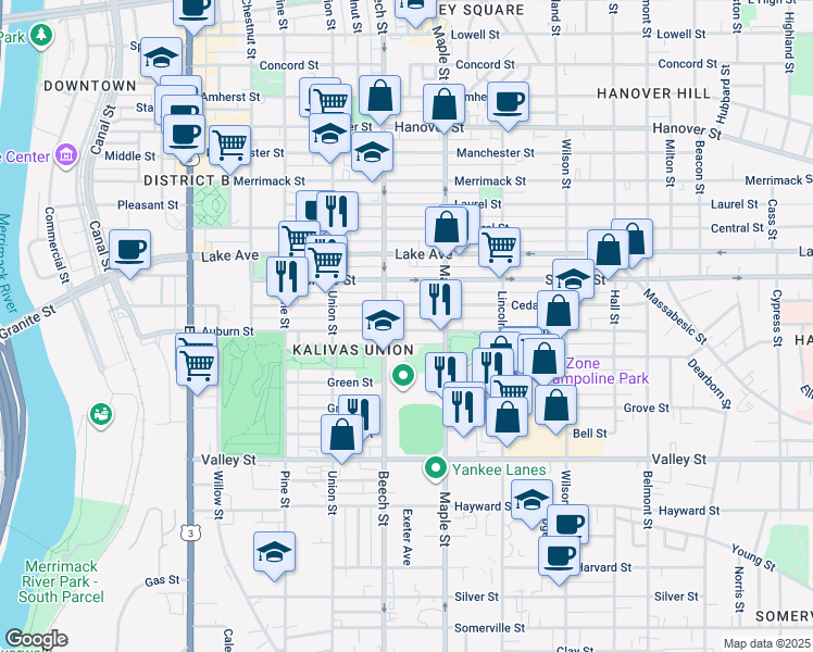 map of restaurants, bars, coffee shops, grocery stores, and more near 345 Cedar Street in Manchester