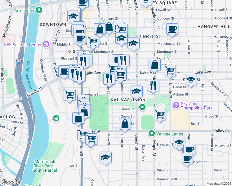 map of restaurants, bars, coffee shops, grocery stores, and more near 169 Cedar Street South Back in Manchester