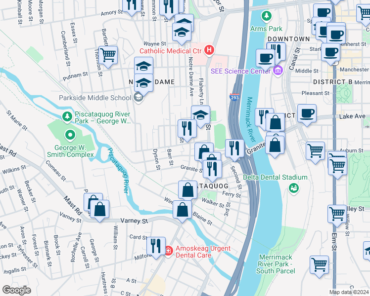 map of restaurants, bars, coffee shops, grocery stores, and more near 4 Cartier Street in Manchester
